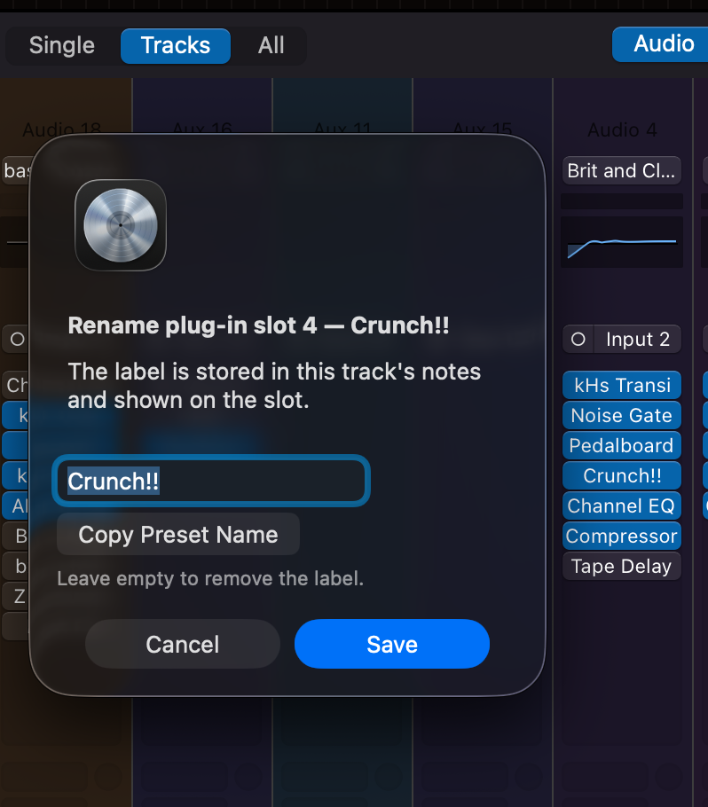 Screenshot di Logic Pro con plug-in rinominati e la finestra di rinomina aperta