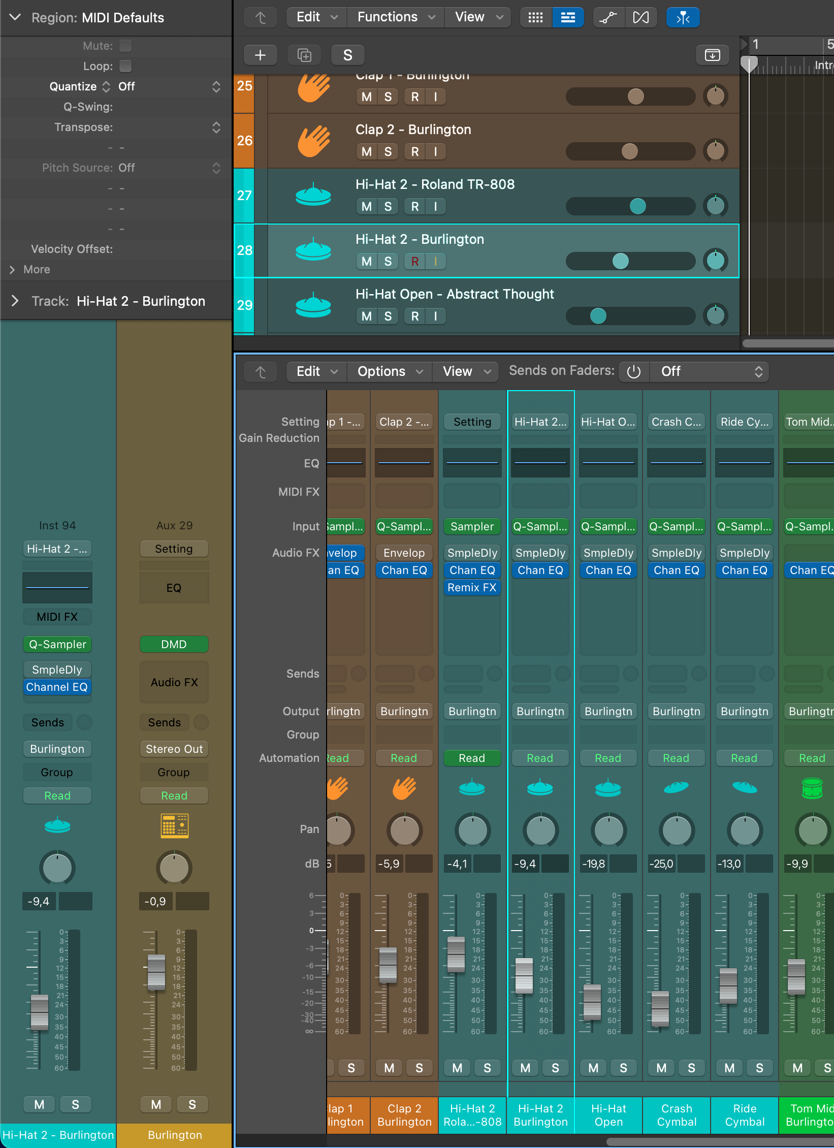 Screenshot di Logic Pro con traccia selezionata evidenziata