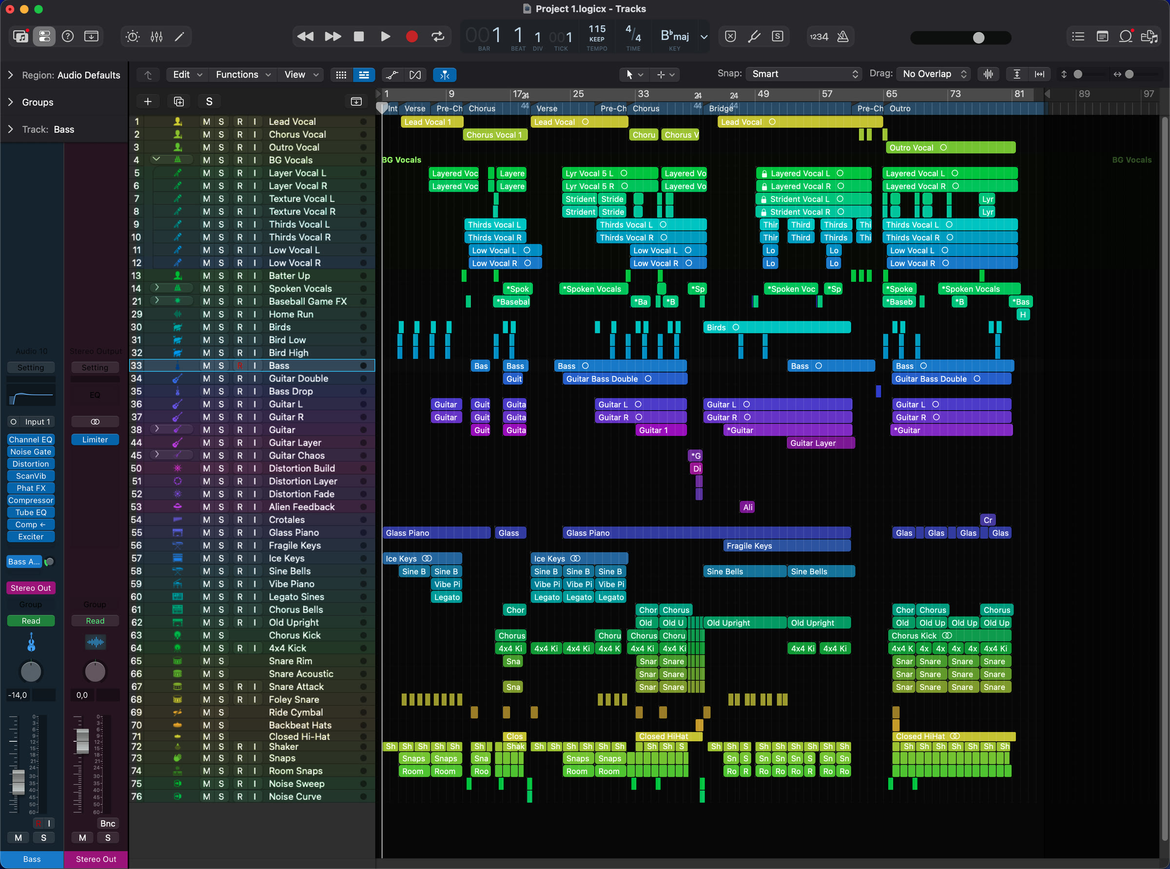 Arrangement di Logic Pro con oscuramento regioni regolabile